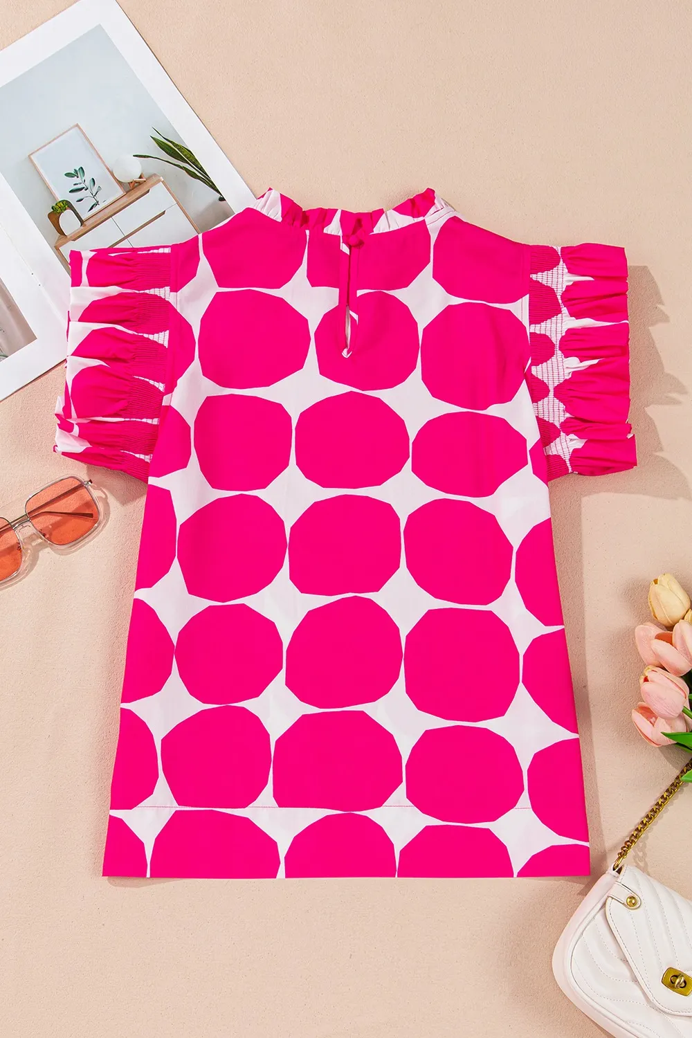 Bubblegum Pattern Frilled Collar Flutter Sleeve Top - Image 7