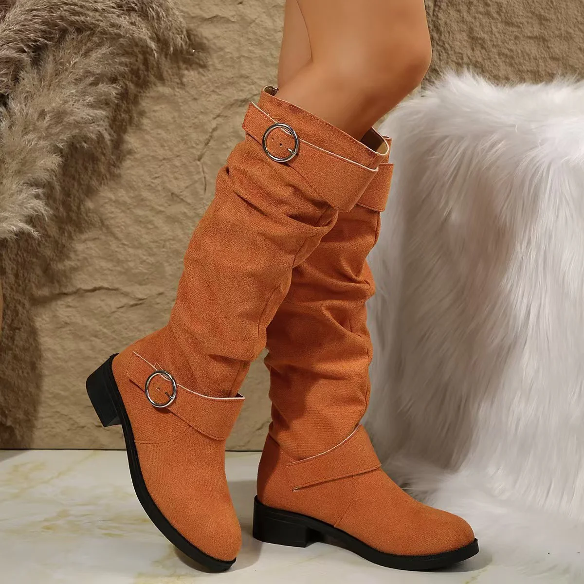 Buckle Round Toe Block Heel Boots - Image 7