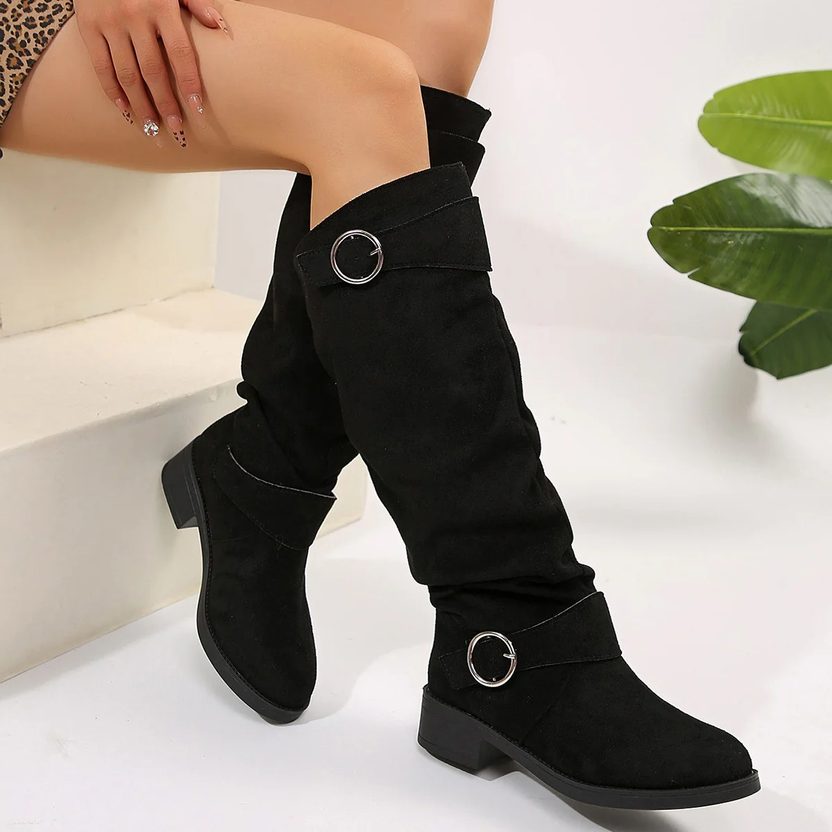 Buckle Round Toe Block Heel Boots - Image 9
