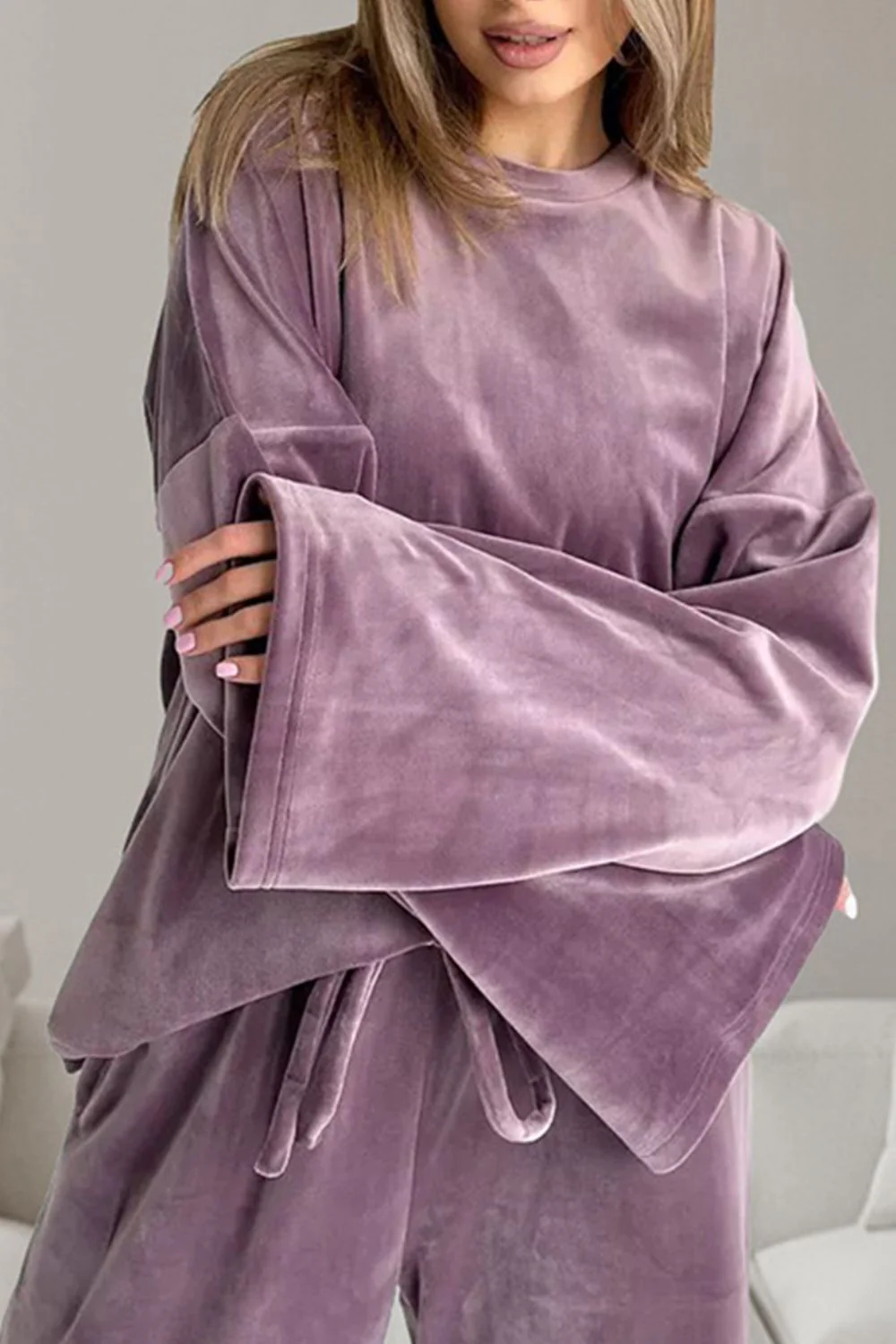 Buttery-Soft Round Neck Long Sleeve Top and Drawstring Pants Set - Image 2