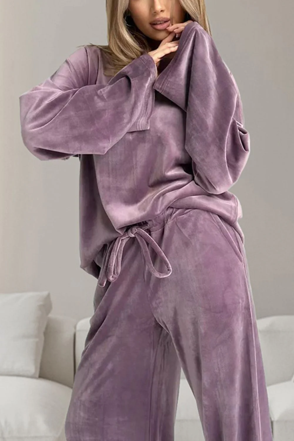 Buttery-Soft Round Neck Long Sleeve Top and Drawstring Pants Set - Image 3