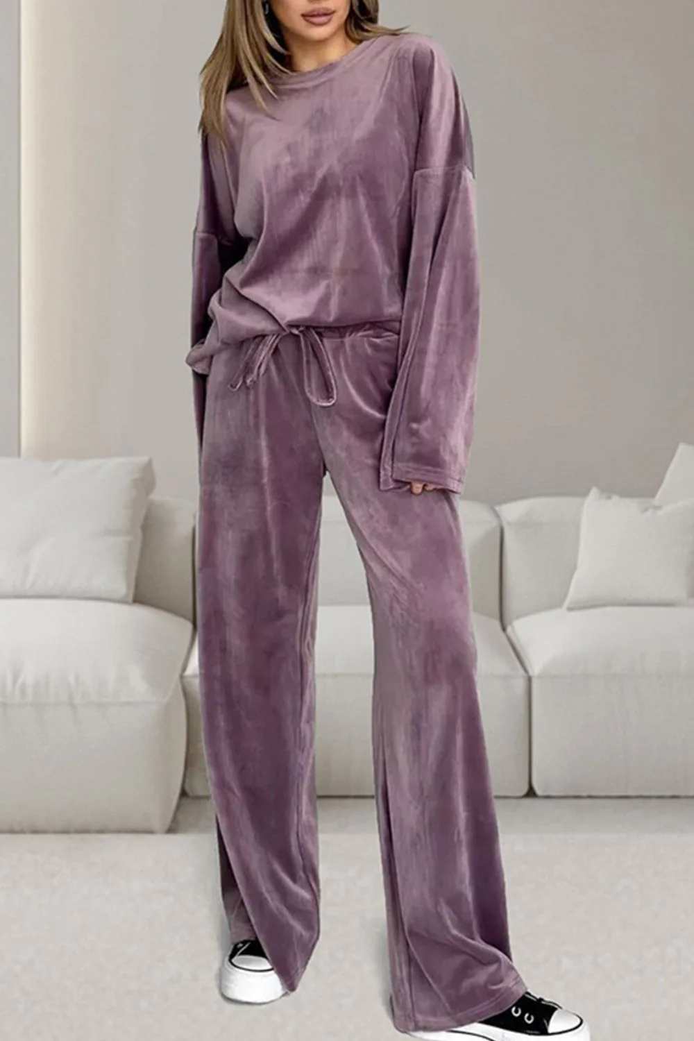 Buttery-Soft Round Neck Long Sleeve Top and Drawstring Pants Set - Image 4