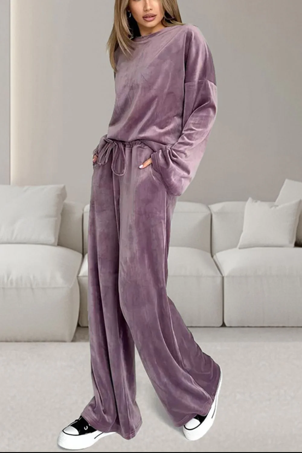 Buttery-Soft Round Neck Long Sleeve Top and Drawstring Pants Set - Image 5