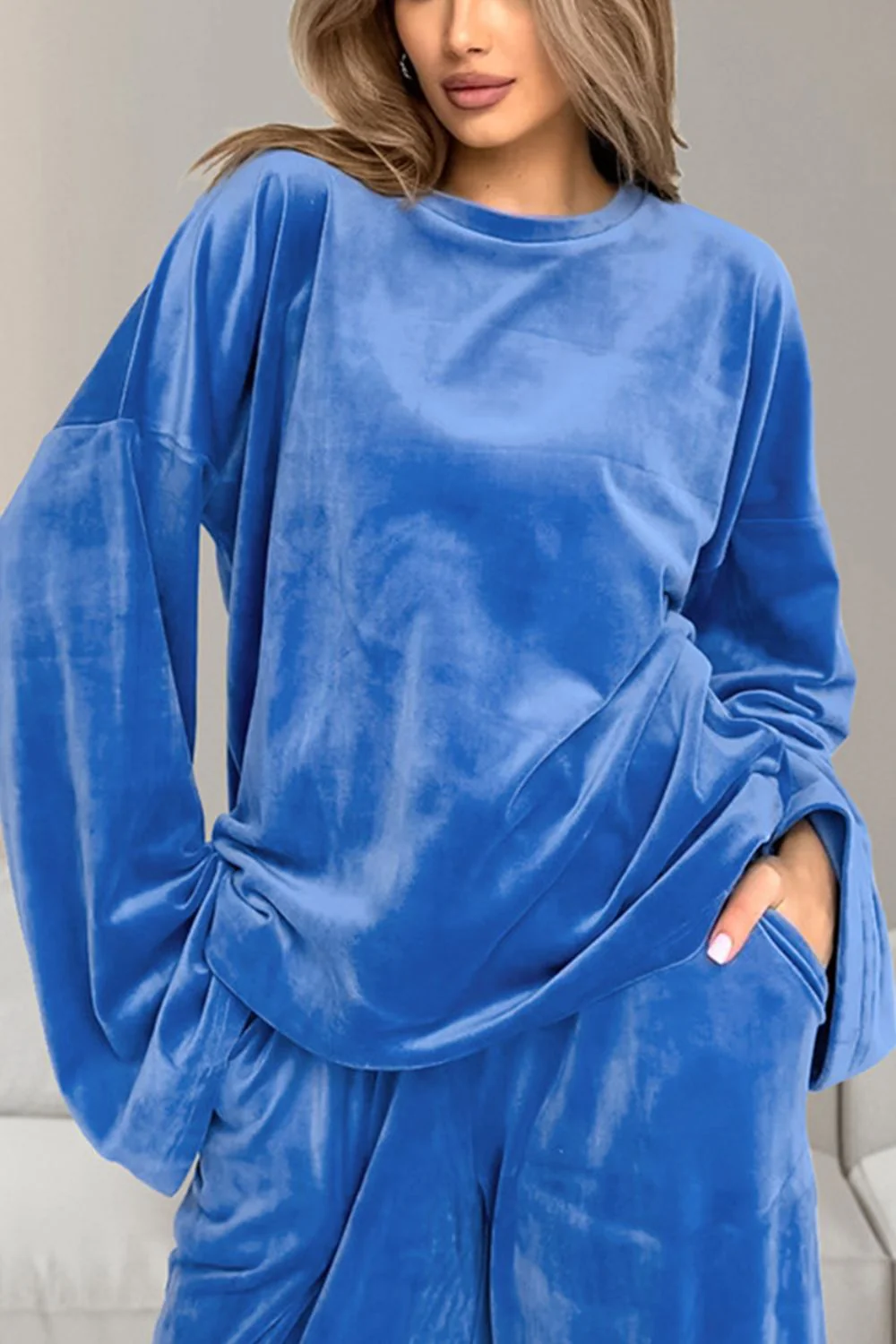 Buttery-Soft Round Neck Long Sleeve Top and Drawstring Pants Set - Image 9