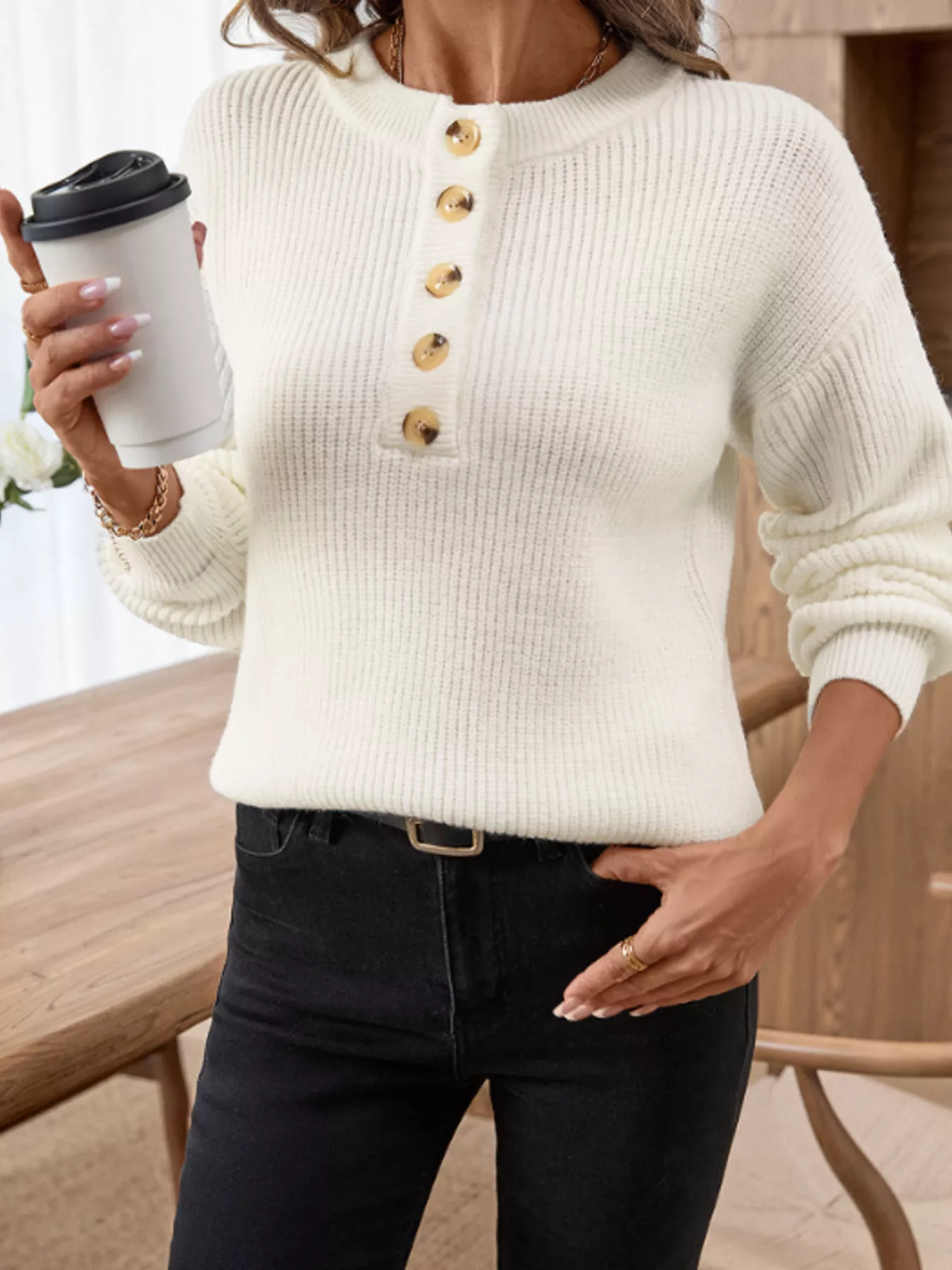 Button Detail Long Sleeve Sweater - Image 3