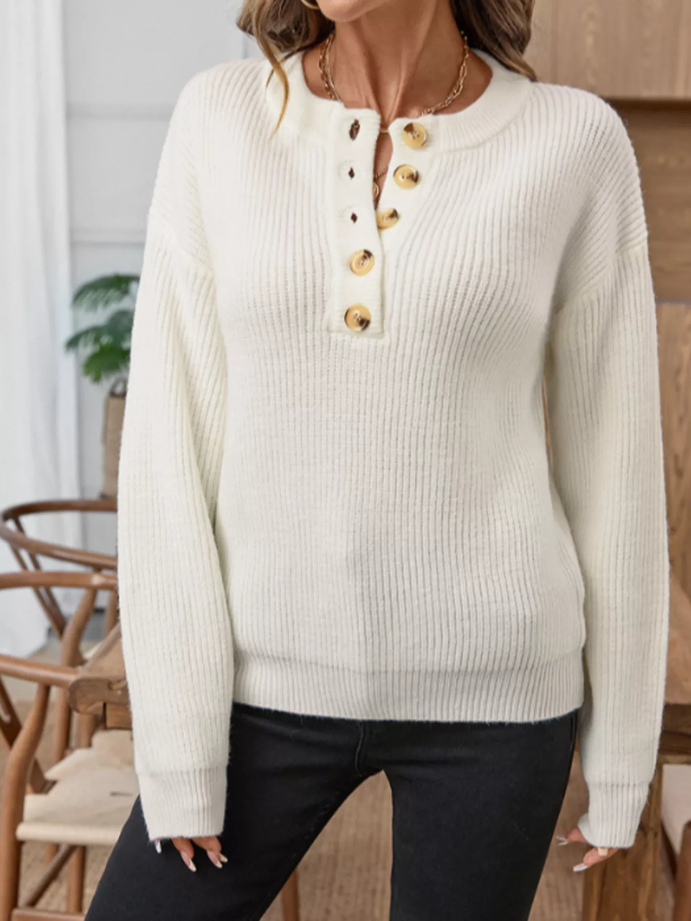 Button Detail Long Sleeve Sweater - Image 5