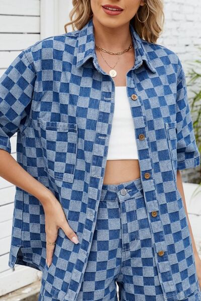 Button Down Checkered Denim Shirt - Image 3