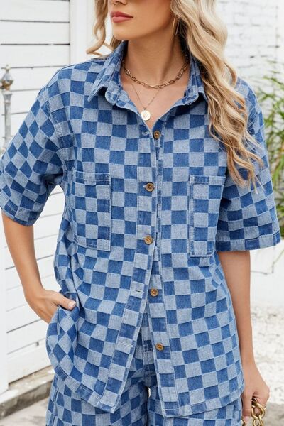 Button Down Checkered Denim Shirt - Image 6