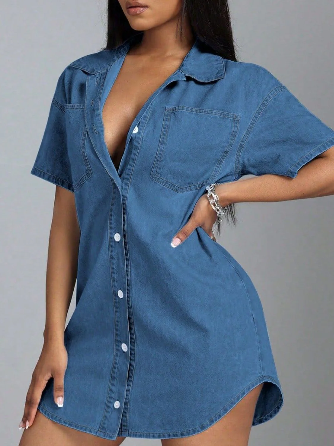 Button Down Collared Neck Denim Dress - Image 2