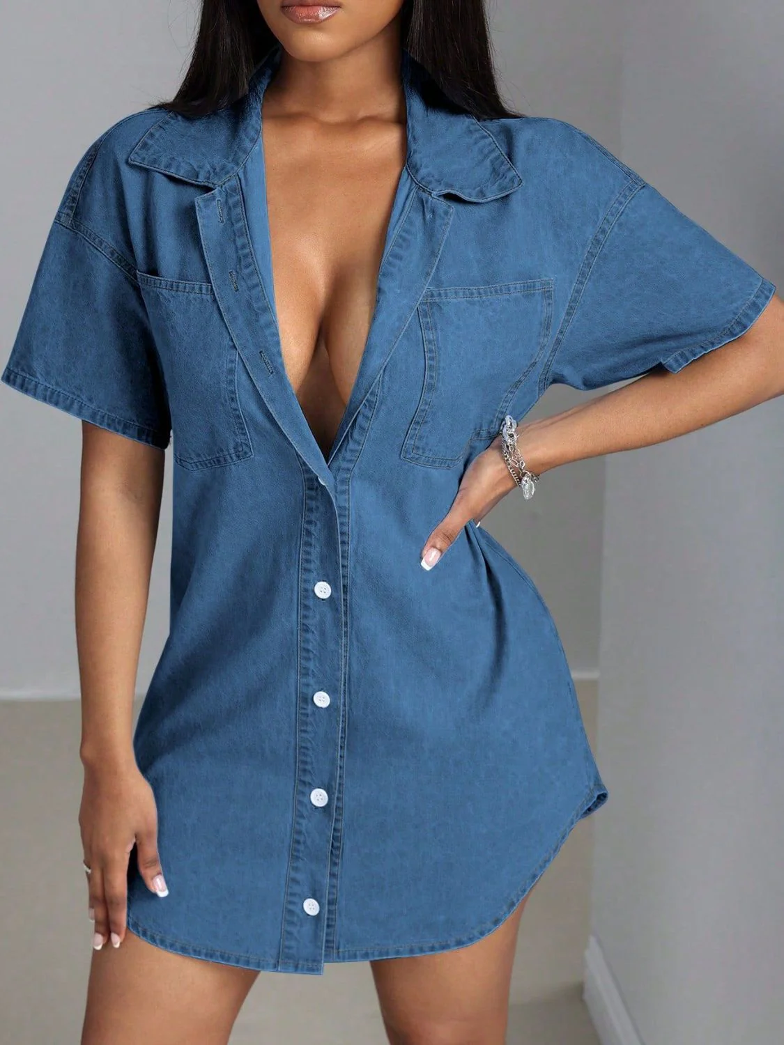 Button Down Collared Neck Denim Dress - Image 3