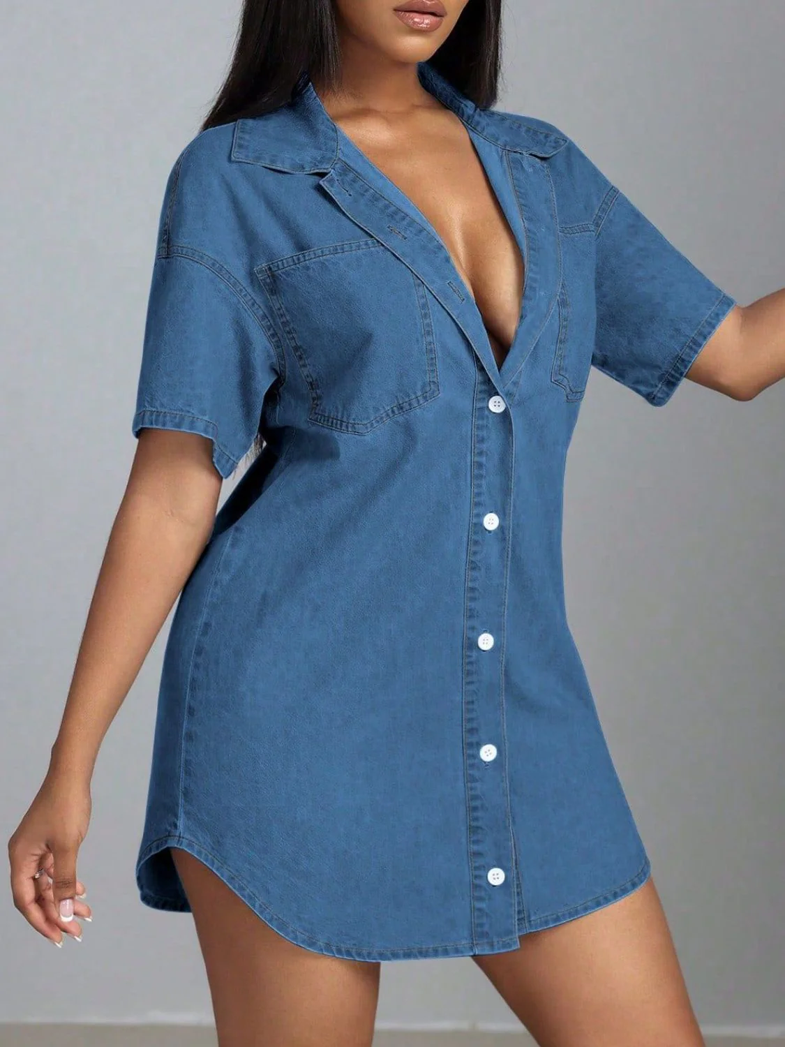 Button Down Collared Neck Denim Dress - Image 4
