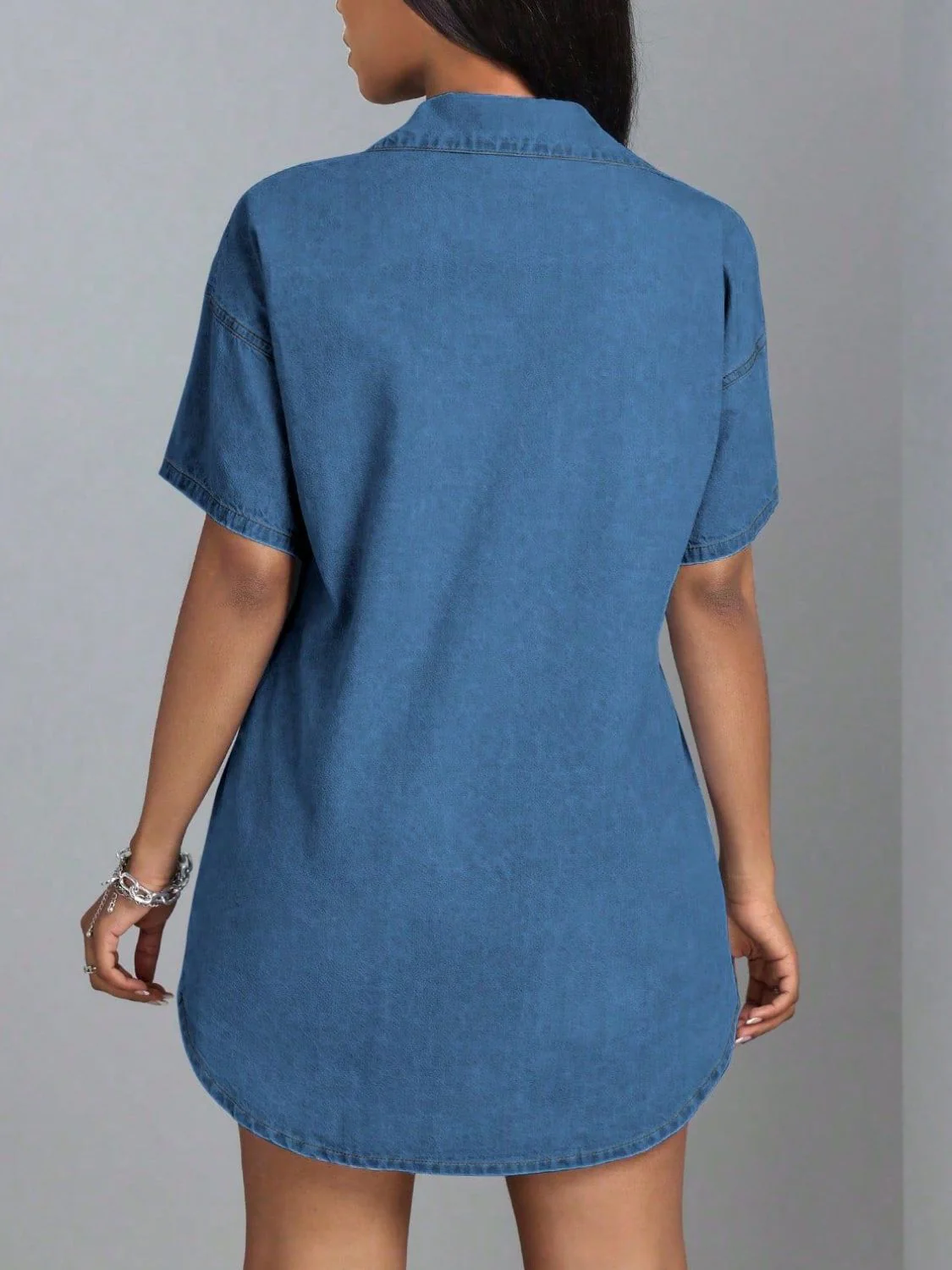 Button Down Collared Neck Denim Dress - Image 5