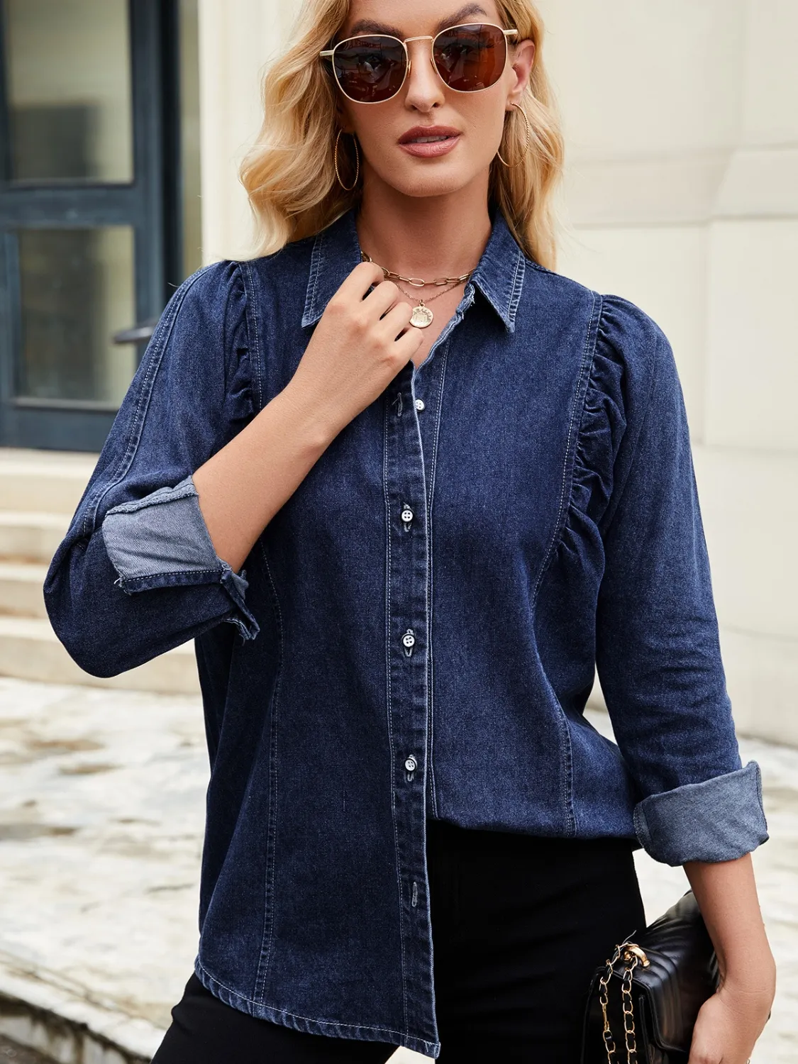 Button Down Collared Neck Denim Shirt