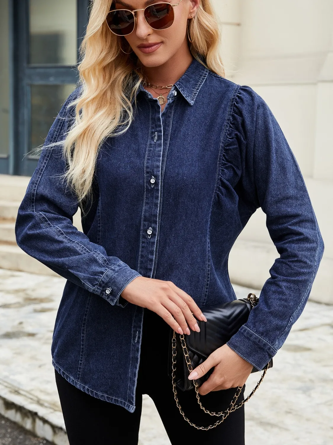Button Down Collared Neck Denim Shirt - Image 2
