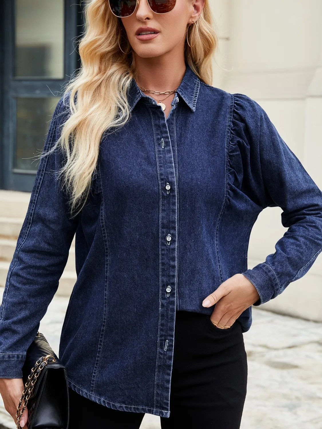 Button Down Collared Neck Denim Shirt - Image 3