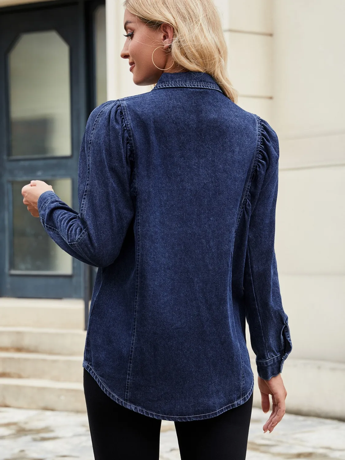Button Down Collared Neck Denim Shirt - Image 4