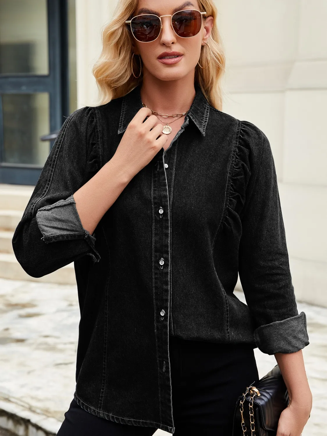 Button Down Collared Neck Denim Shirt - Image 5