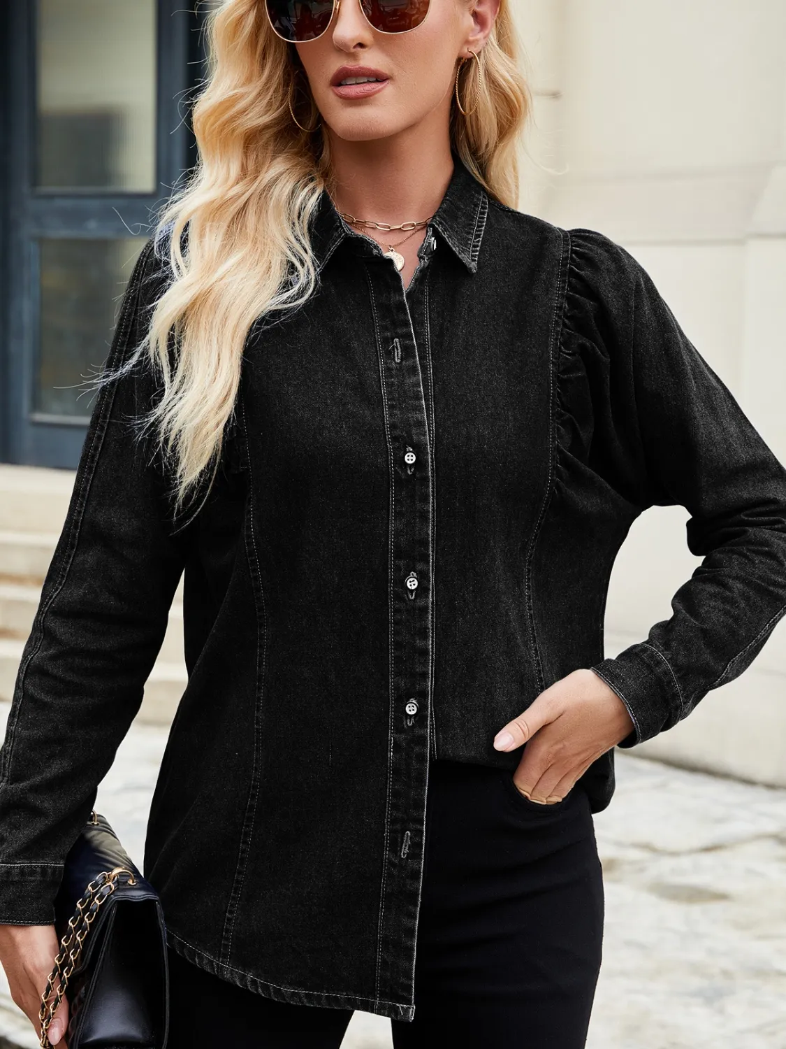 Button Down Collared Neck Denim Shirt - Image 6