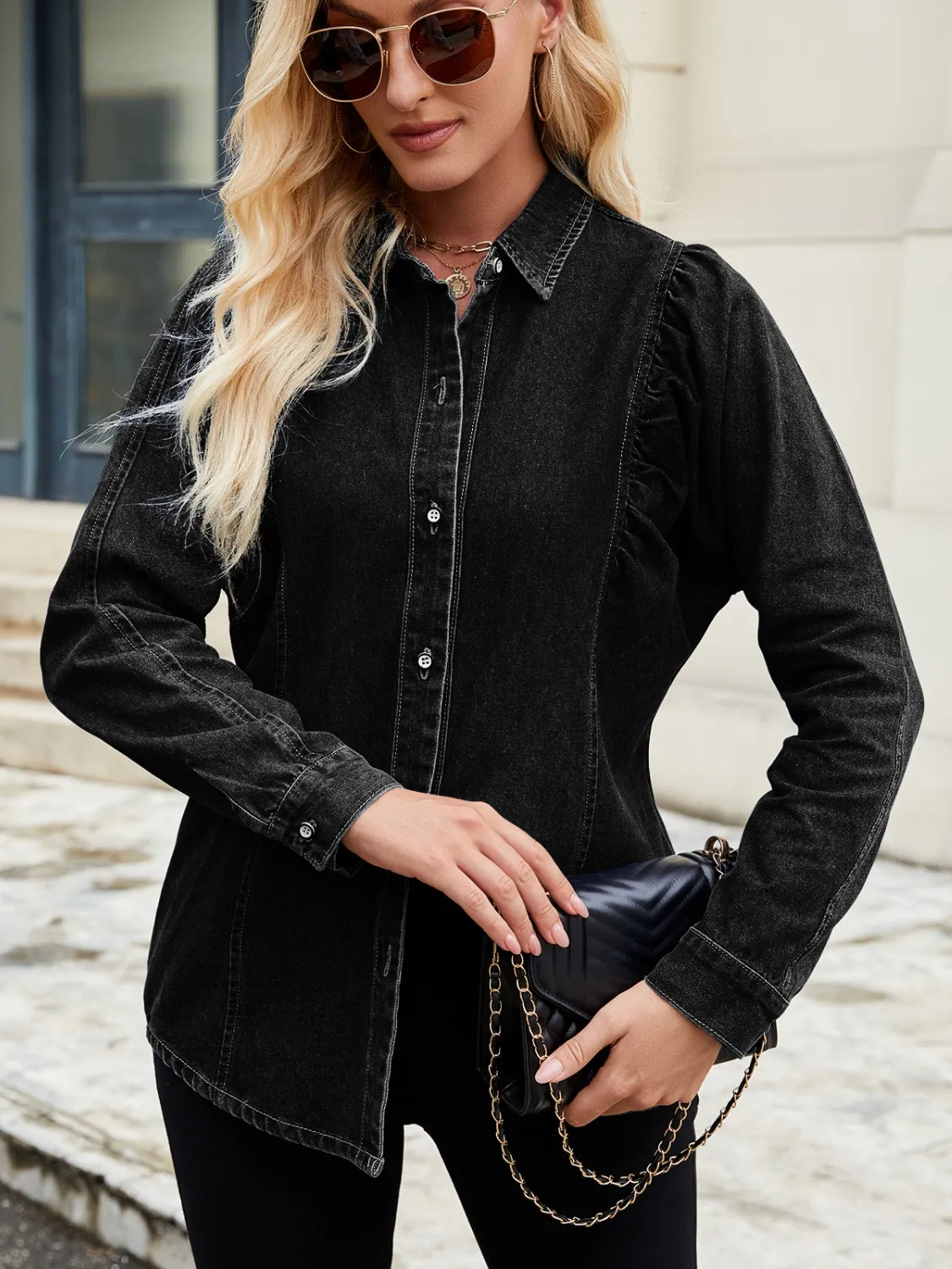 Button Down Collared Neck Denim Shirt - Image 7