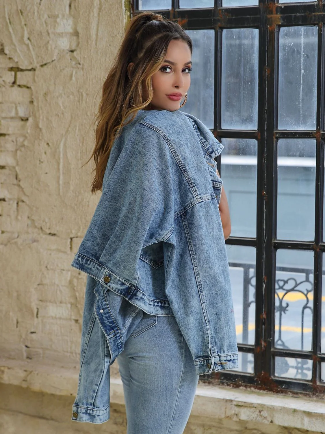 Button Down Drop Shoulder Denim Jacket - Image 3