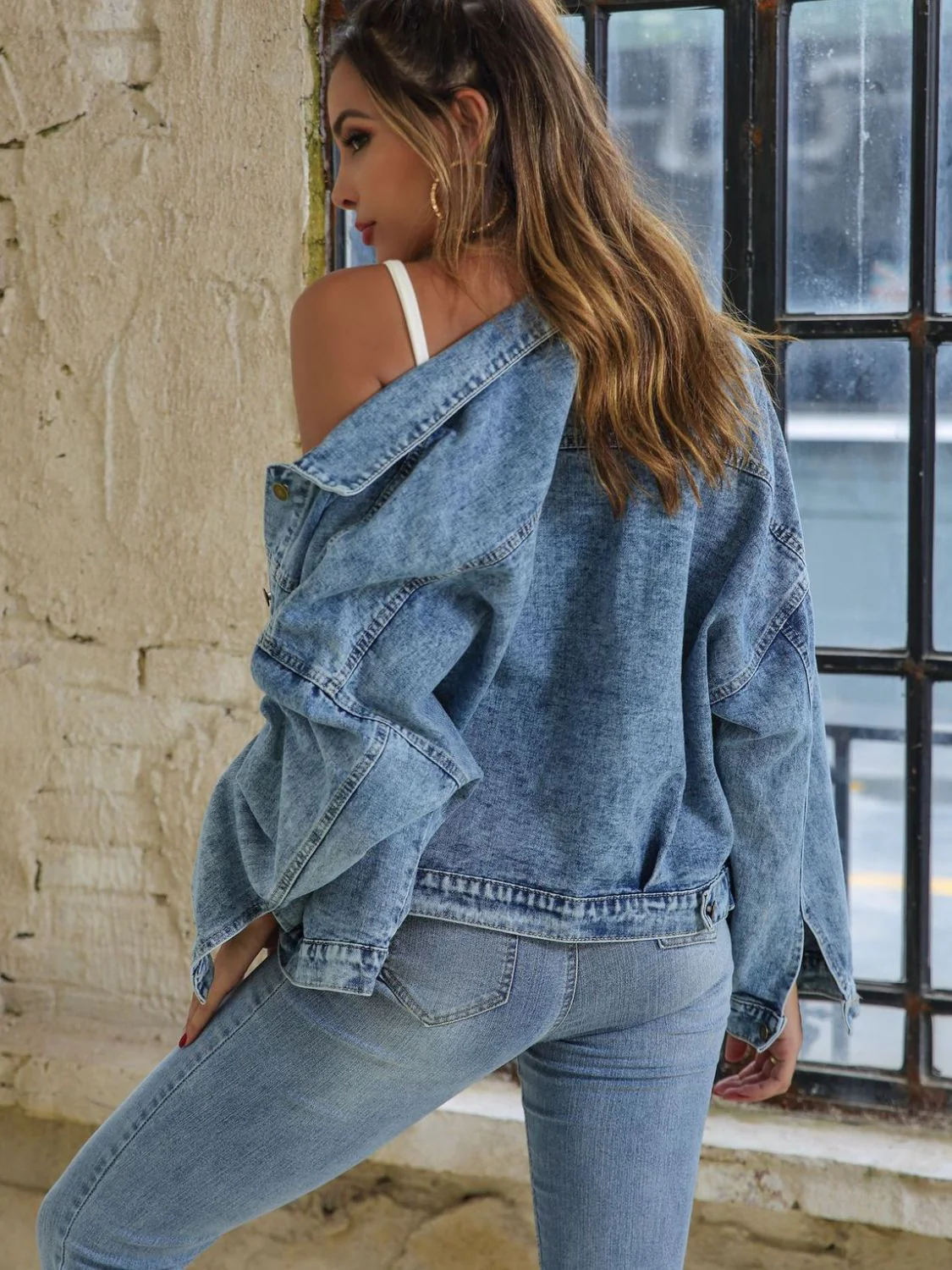 Button Down Drop Shoulder Denim Jacket - Image 4