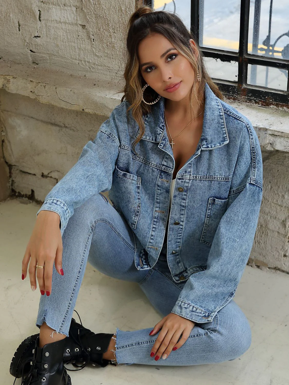 Button Down Drop Shoulder Denim Jacket - Image 8