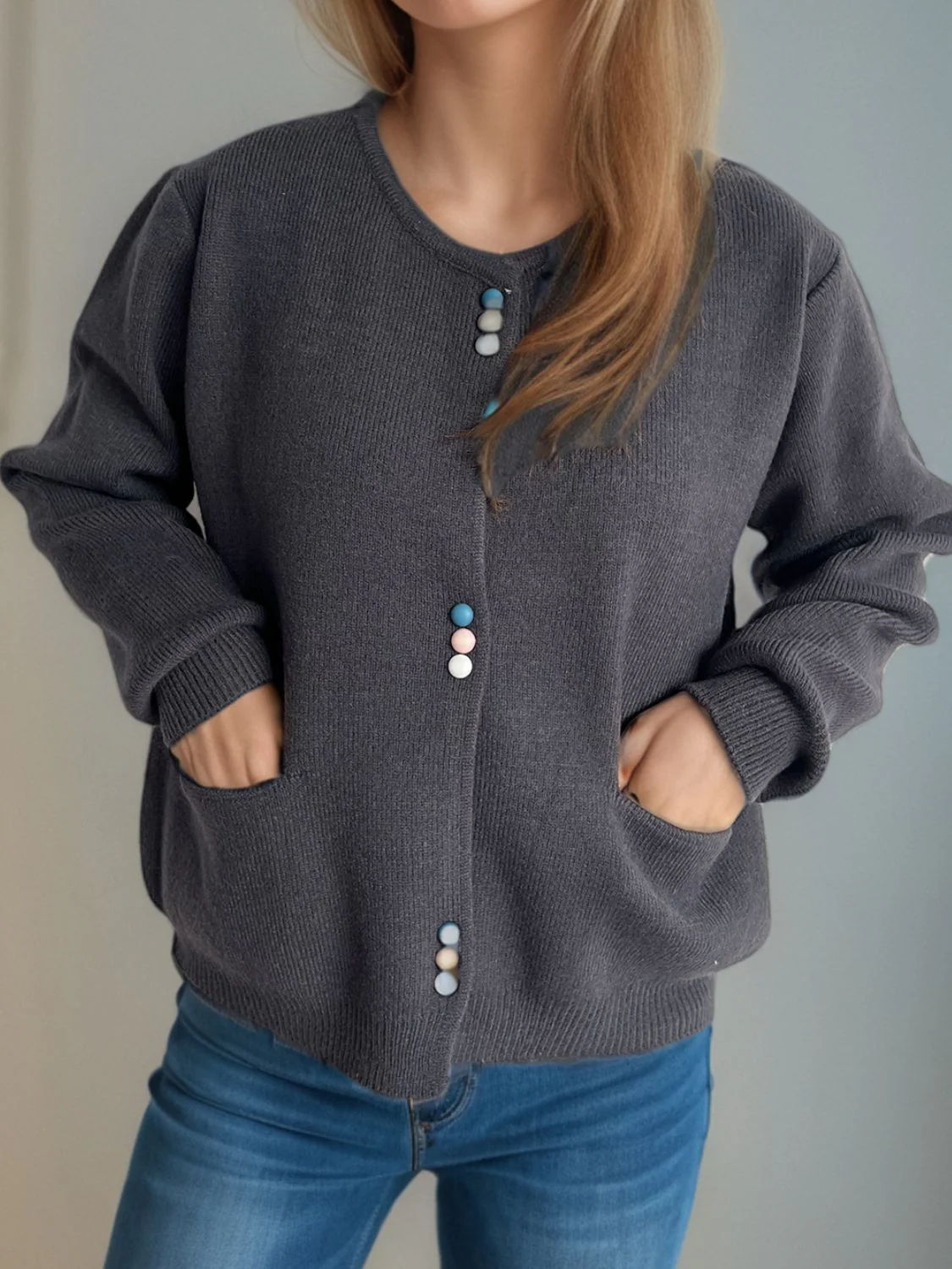 Button Down Long Sleeve Cardigan with Pockets - Image 5