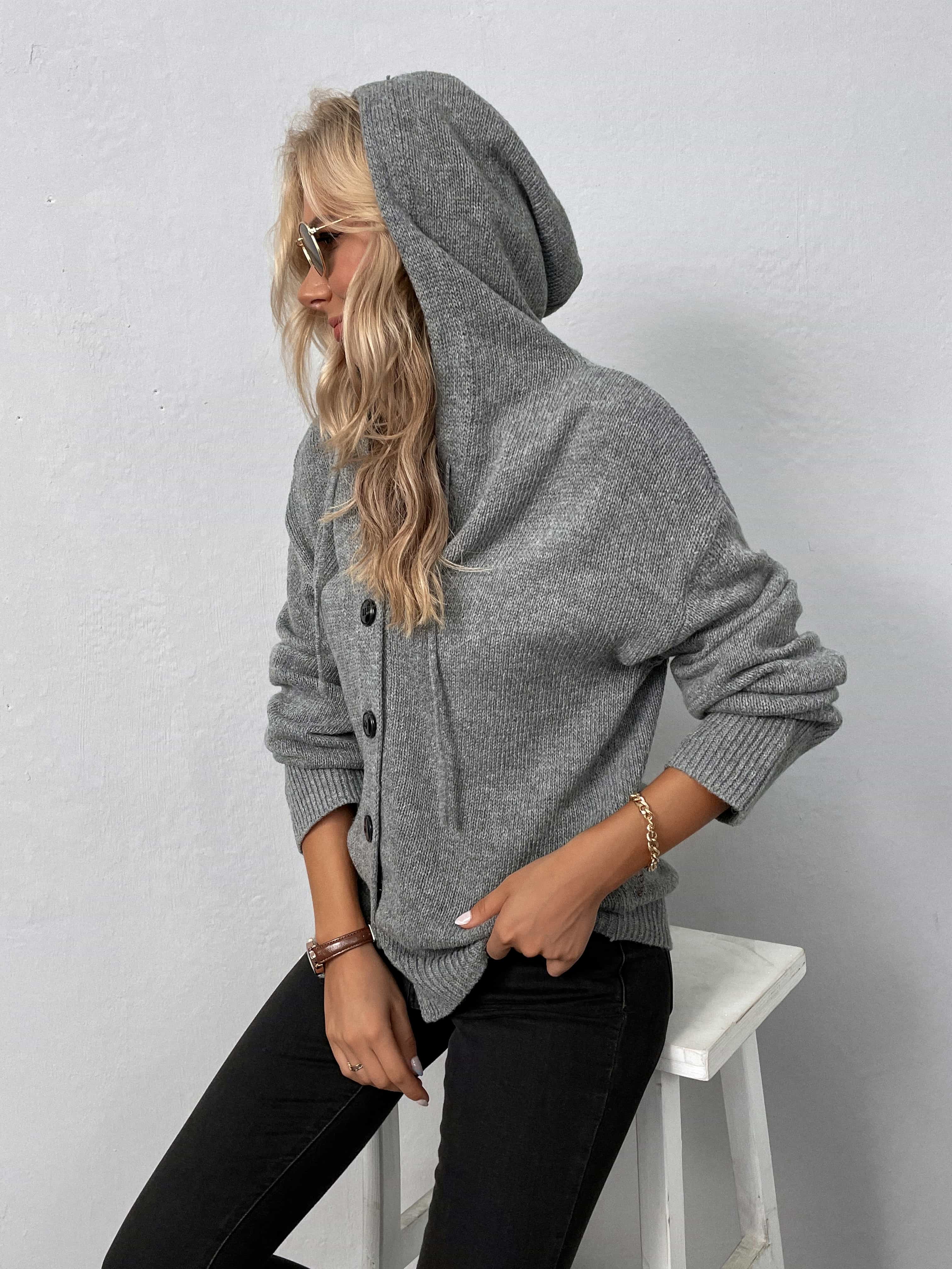 Button-Down Long Sleeve Hooded Sweater - Image 2