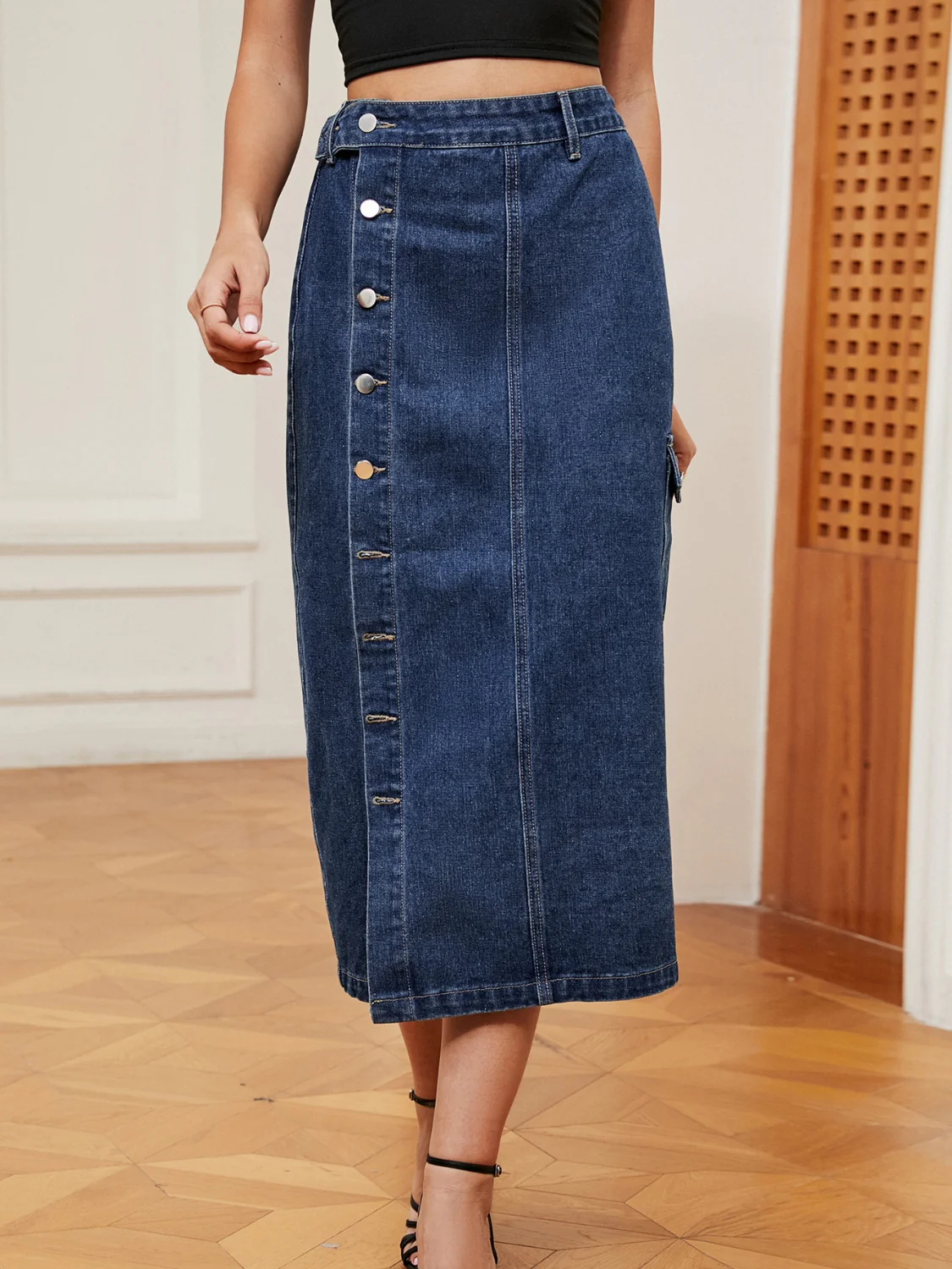 Button Down Midi Denim Skirt - Image 3
