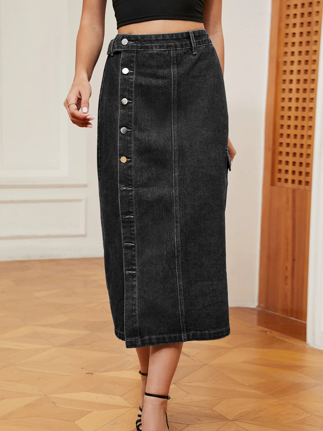 Button Down Midi Denim Skirt - Image 6