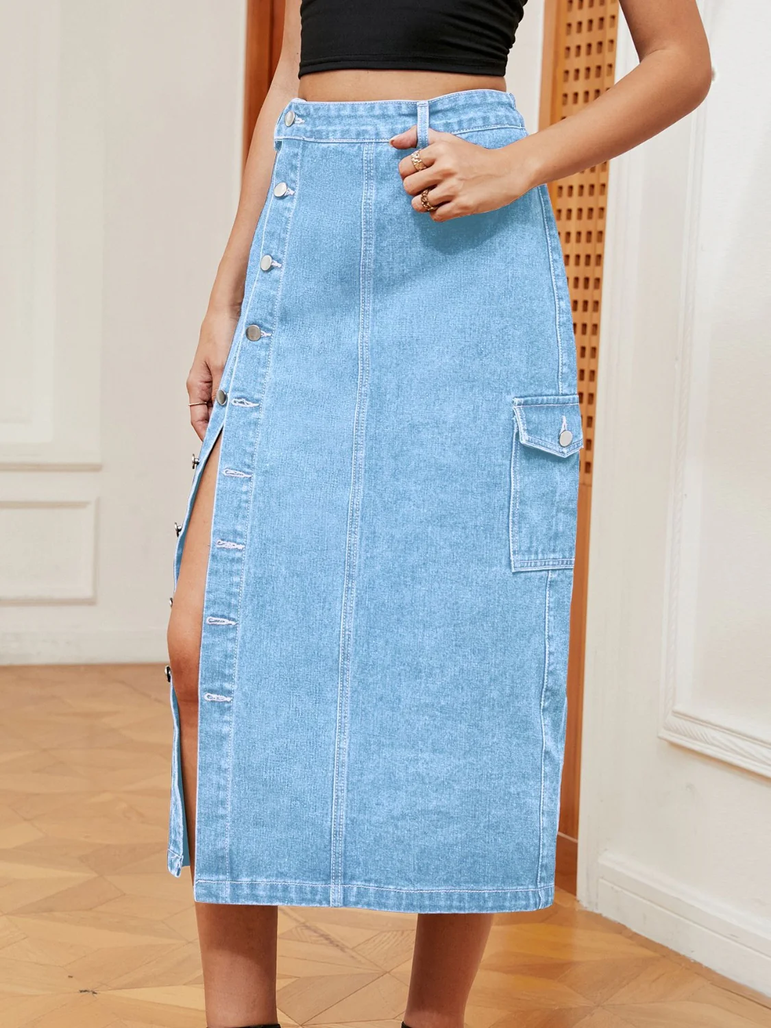 Button Down Midi Denim Skirt - Image 9