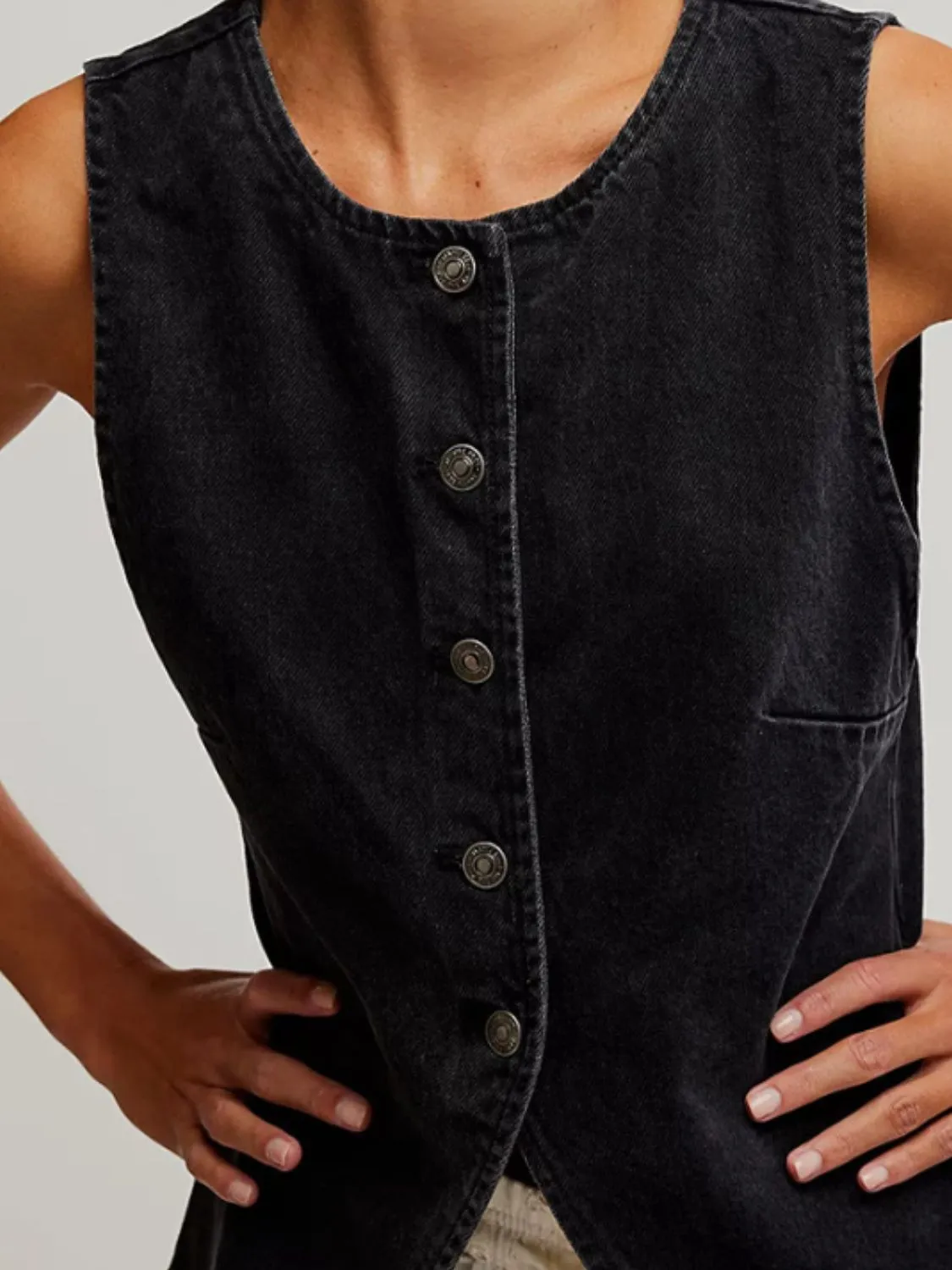 Button Down Round Neck Denim Vest - Image 2