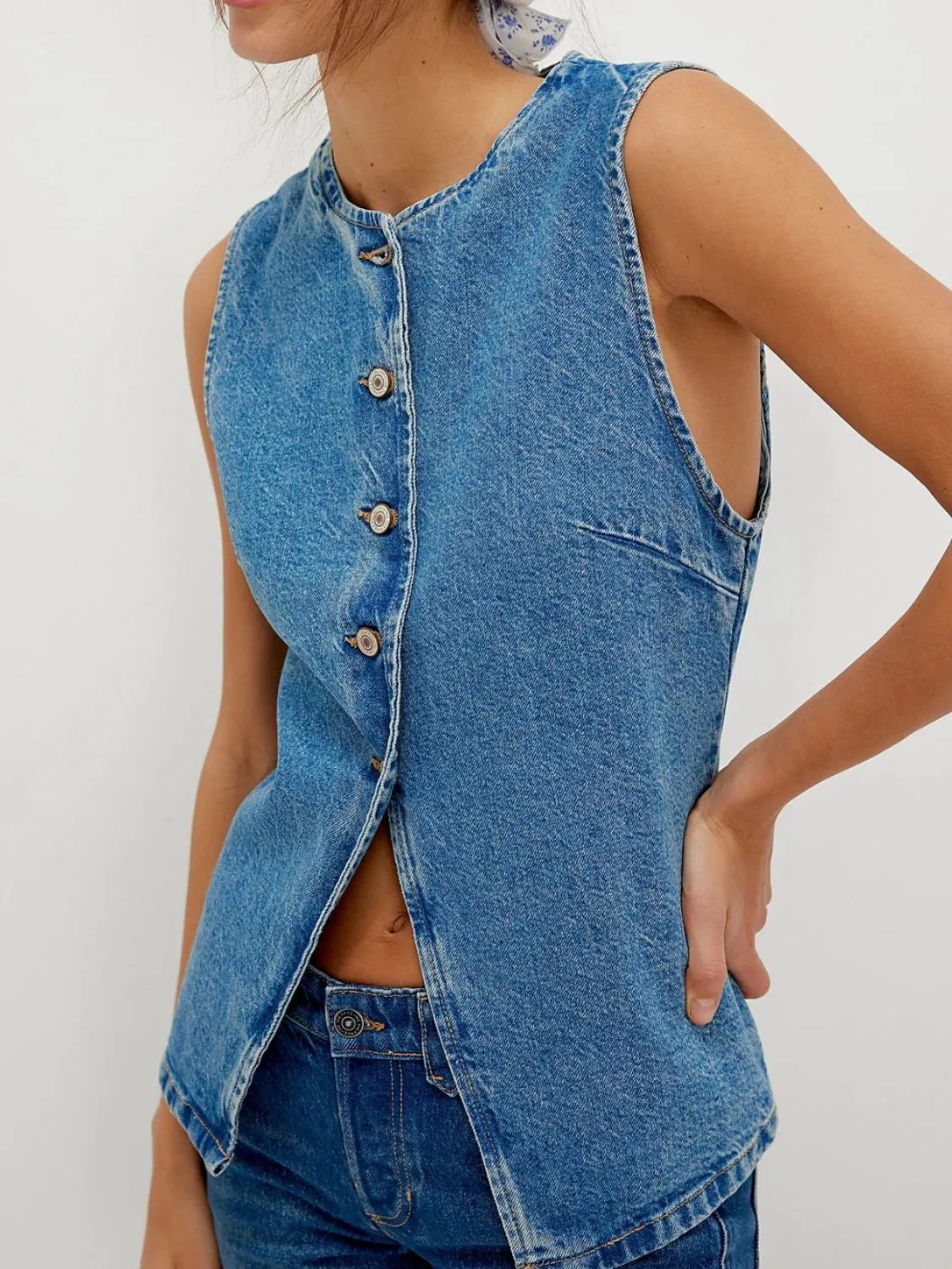 Button Down Round Neck Denim Vest - Image 5