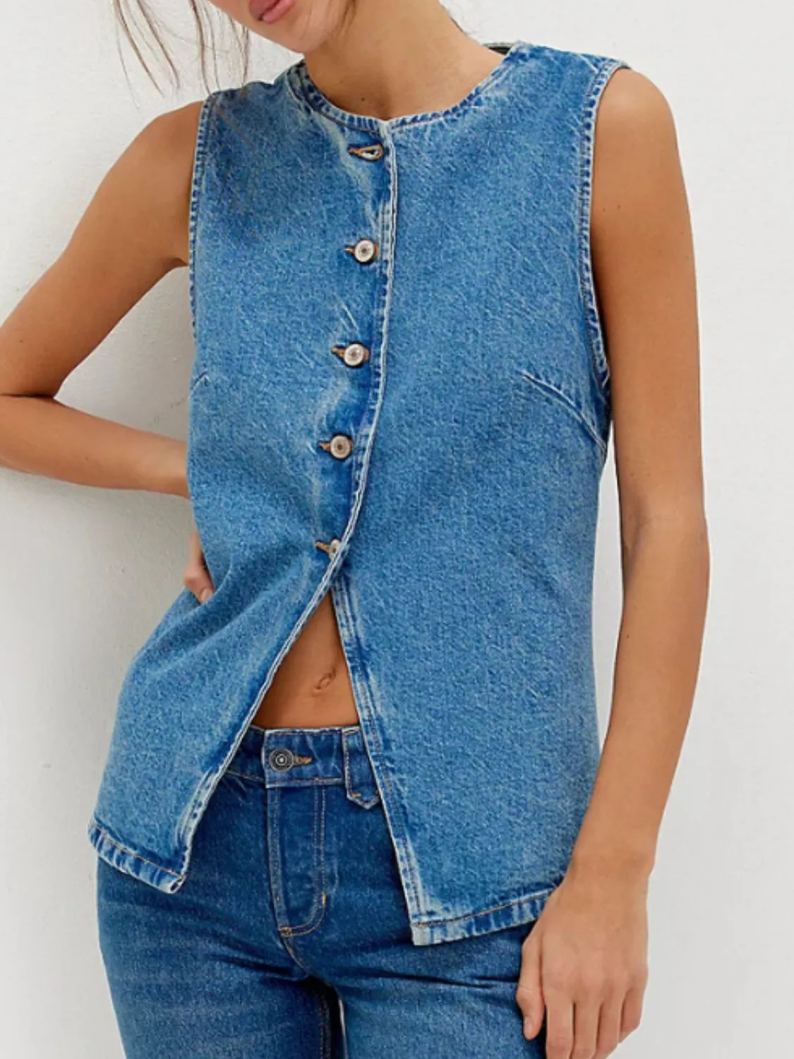 Button Down Round Neck Denim Vest - Image 7