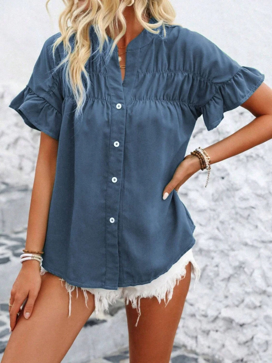 Button Down Ruffled Short Sleeve Shirt - Image 11