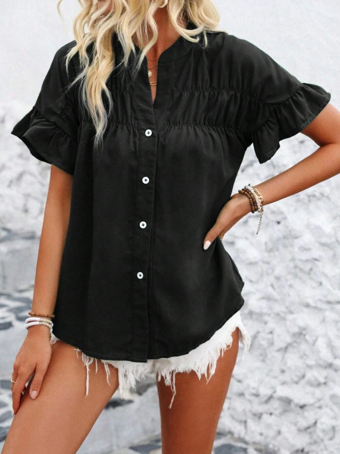 Button Down Ruffled Short Sleeve Shirt - Image 17