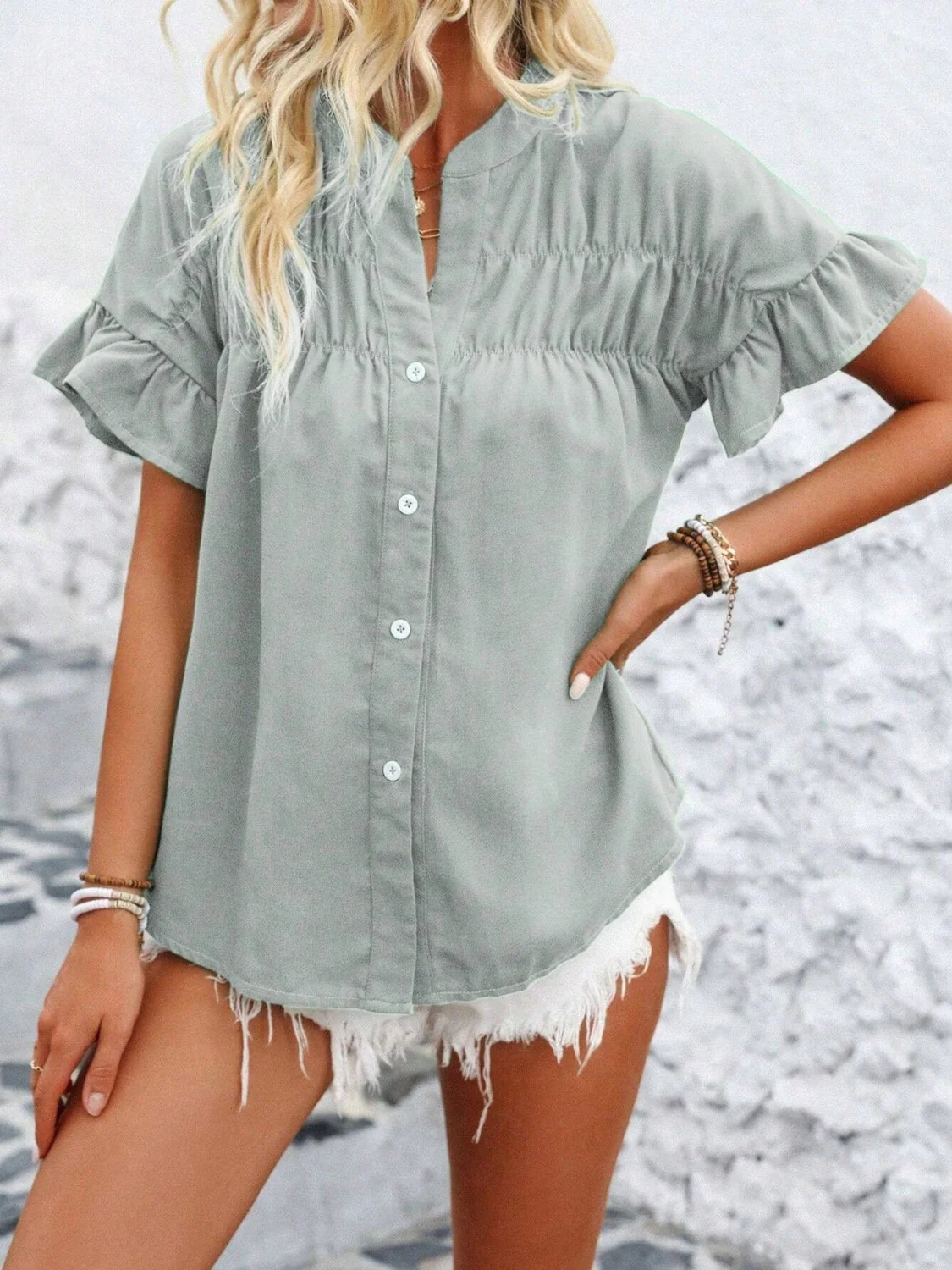 Button Down Ruffled Short Sleeve Shirt - Image 21
