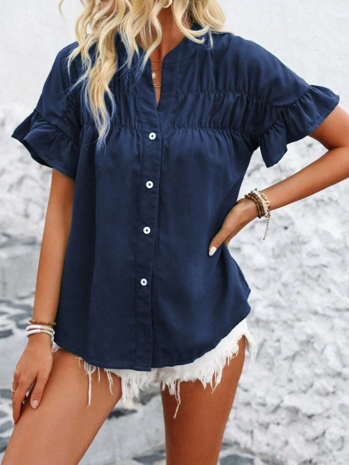 Button Down Ruffled Short Sleeve Shirt - Image 23