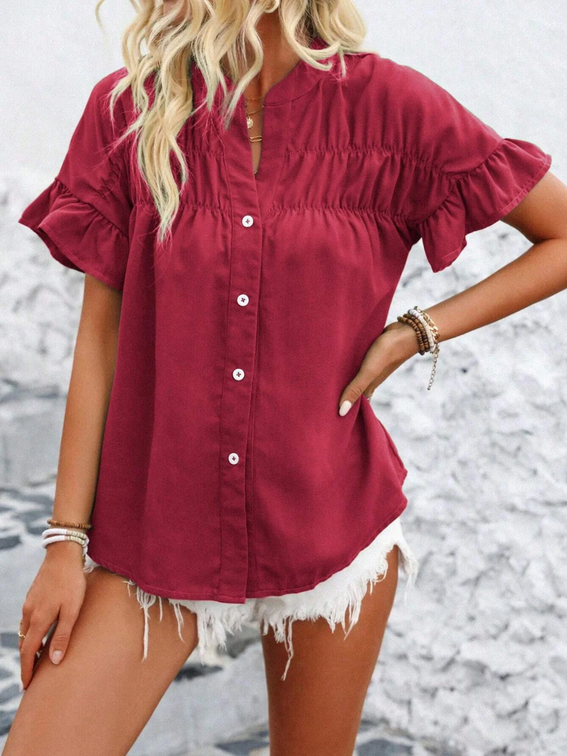 Button Down Ruffled Short Sleeve Shirt - Image 4