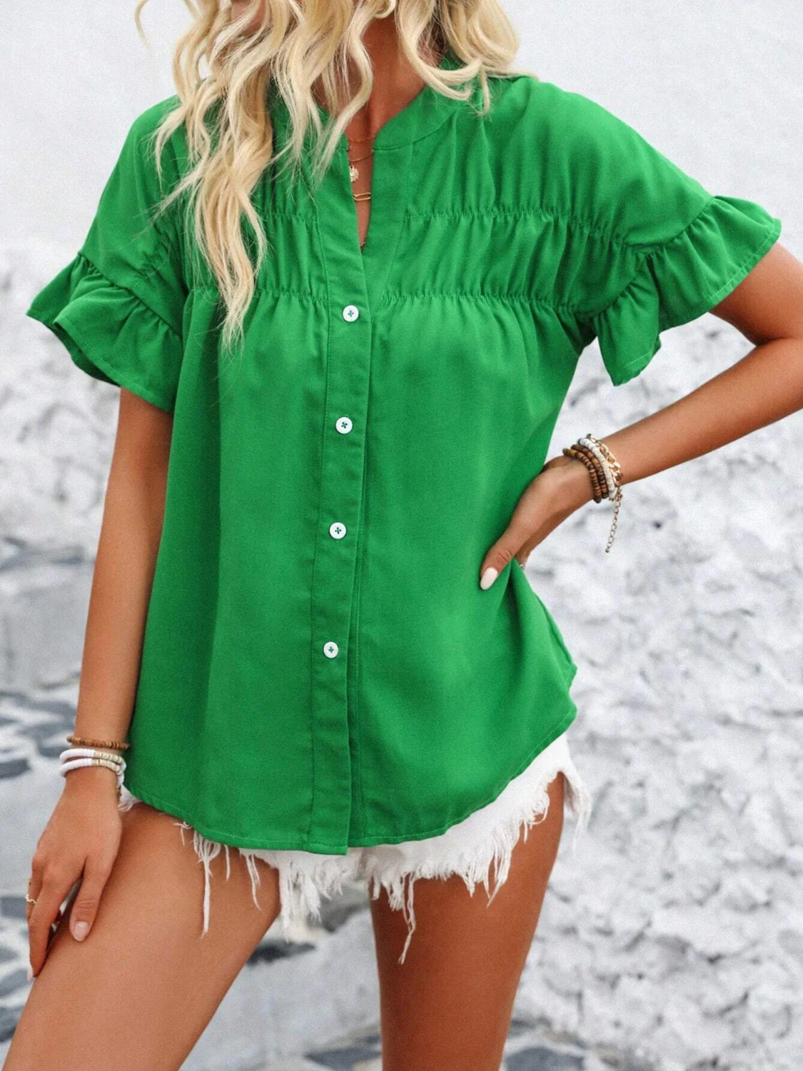 Button Down Ruffled Short Sleeve Shirt - Image 5