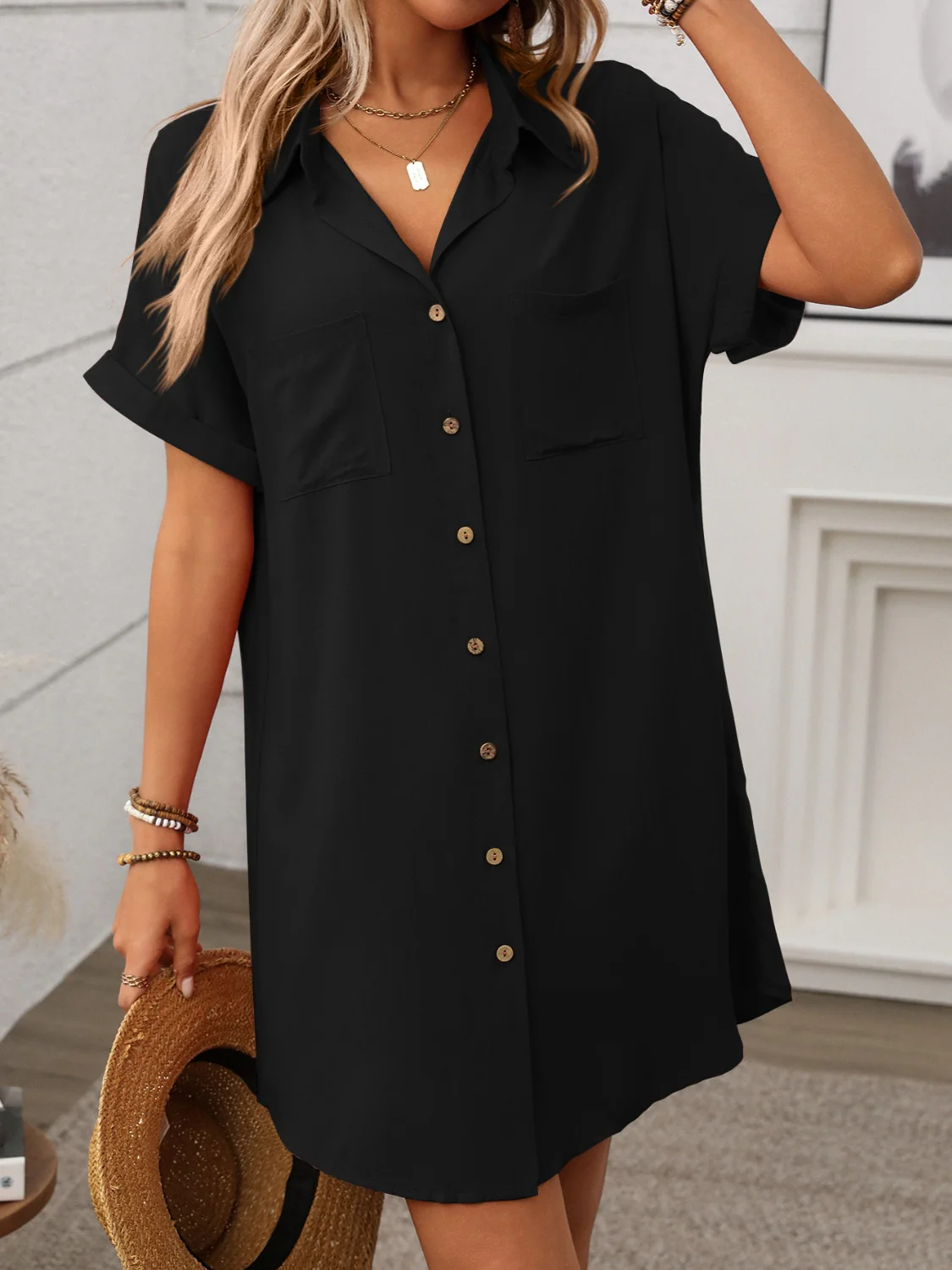 Button Down Short Sleeve Mini Dress - Image 10