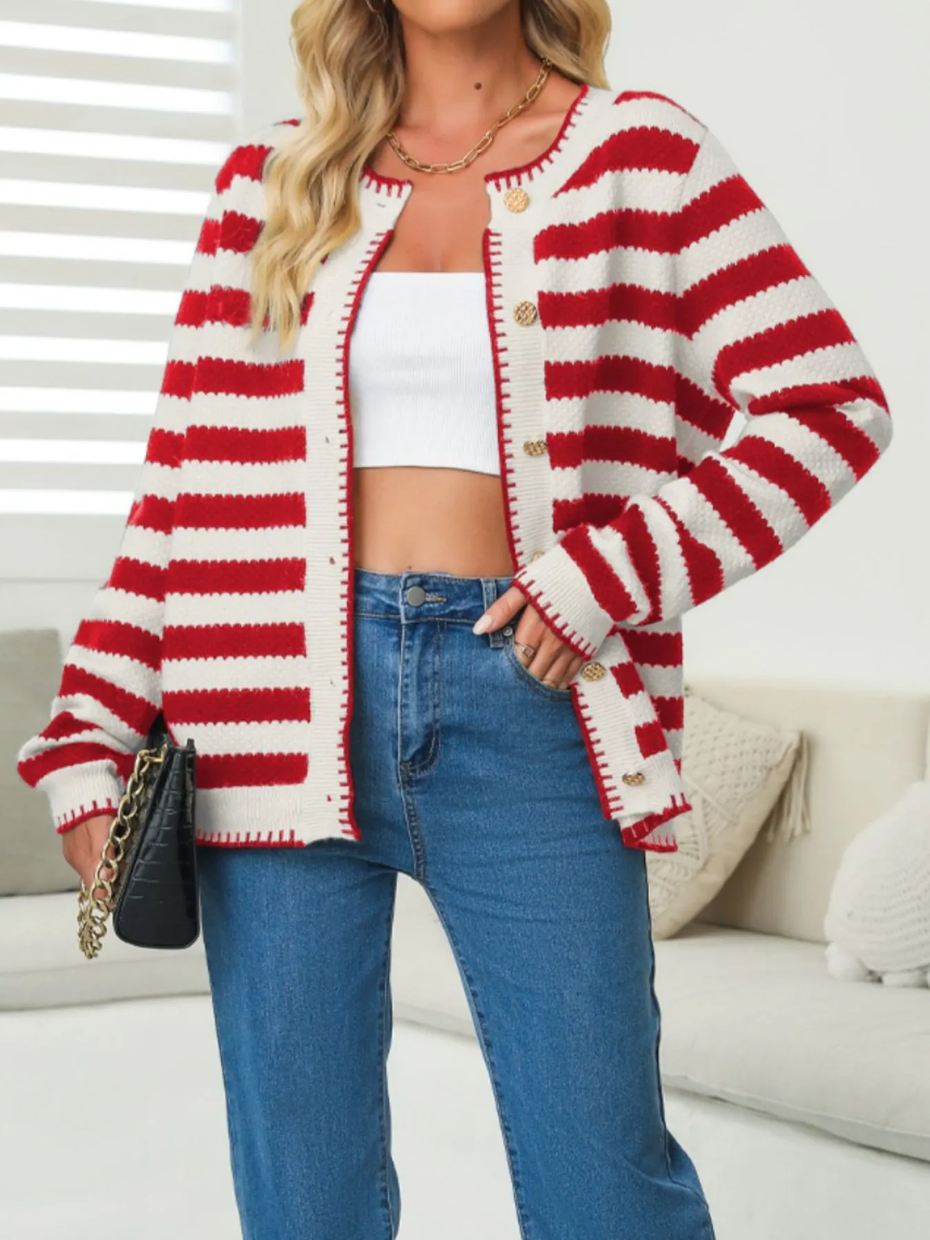 Button Down Striped Long Sleeve Cardigan - Image 11