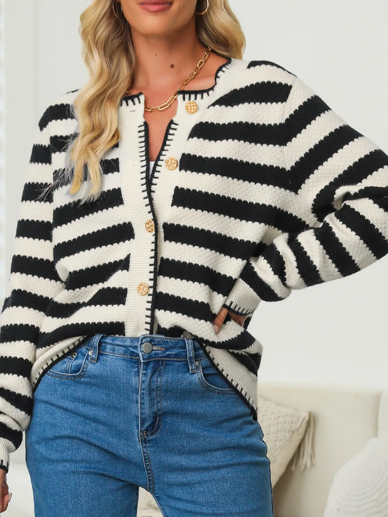 Button Down Striped Long Sleeve Cardigan - Image 2