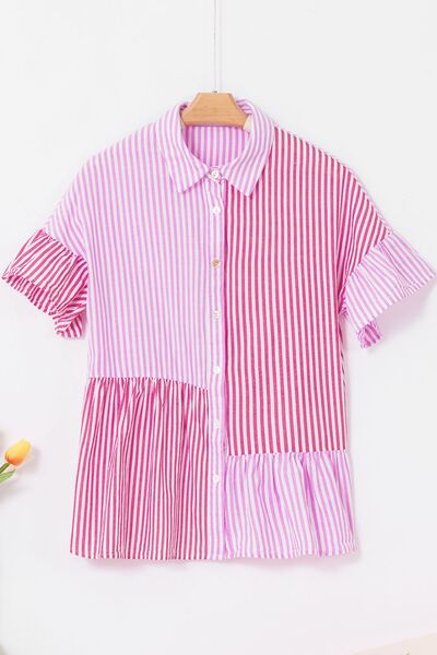 Button Down Striped Ruffled Hem Shirt - Image 3