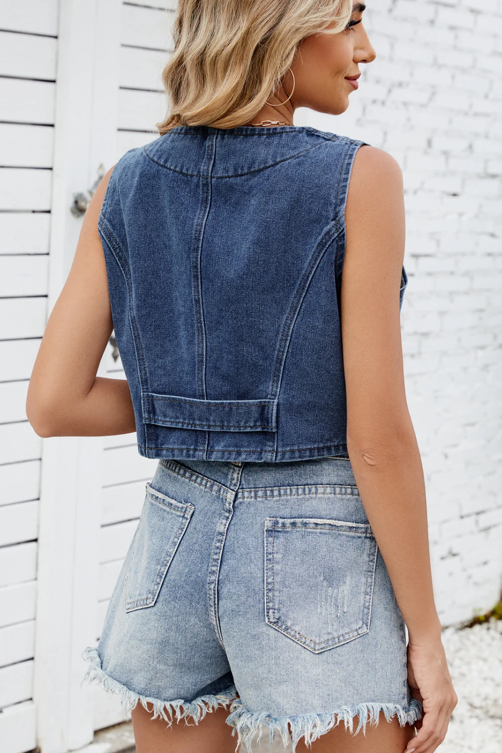 Button Down V-Neck Denim Vest - Image 10