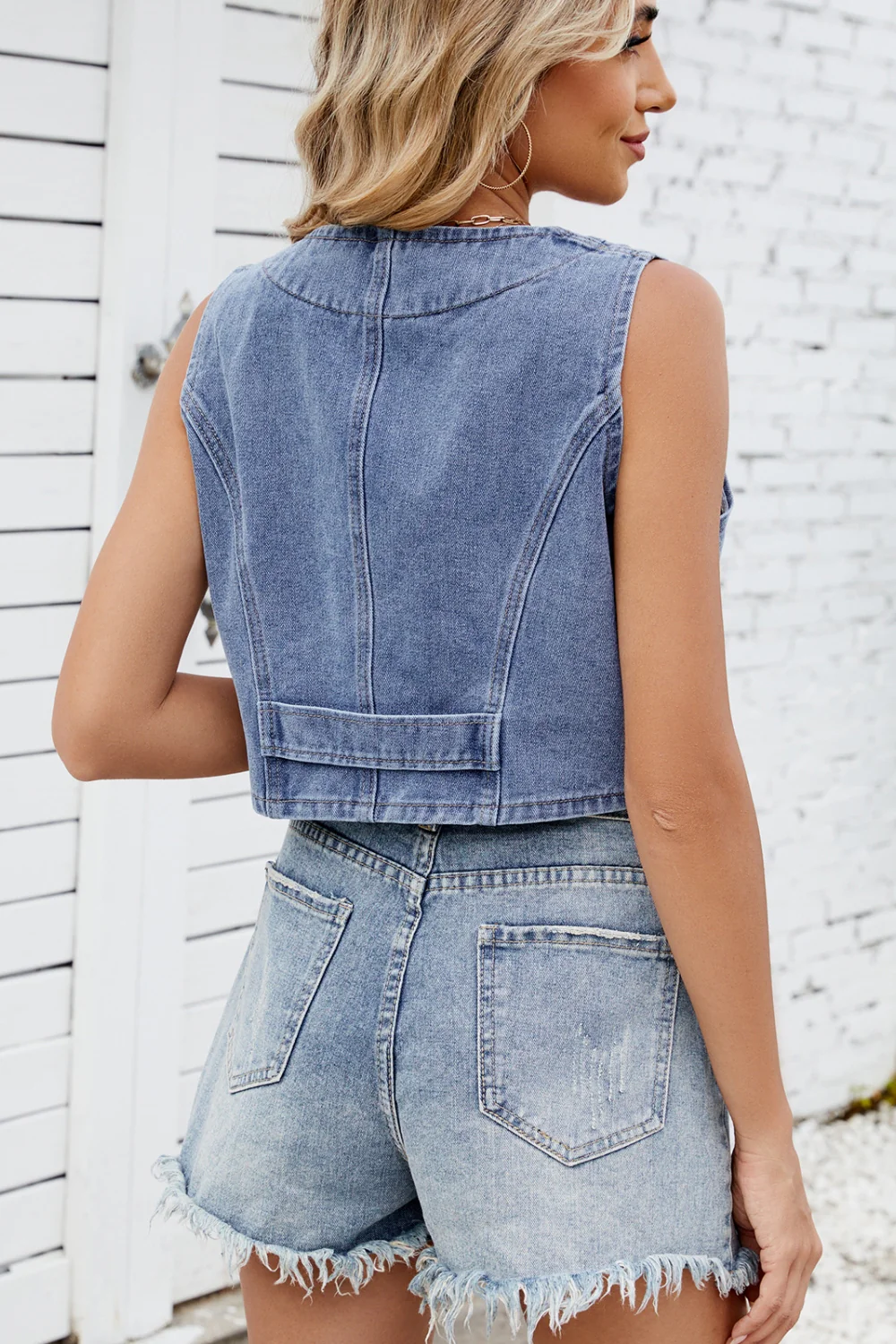Button Down V-Neck Denim Vest - Image 14