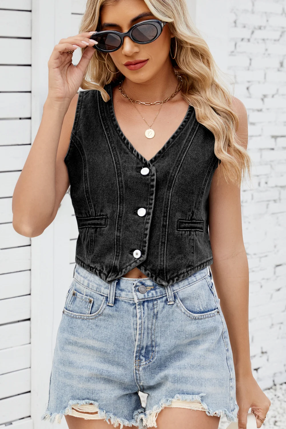 Button Down V-Neck Denim Vest - Image 2
