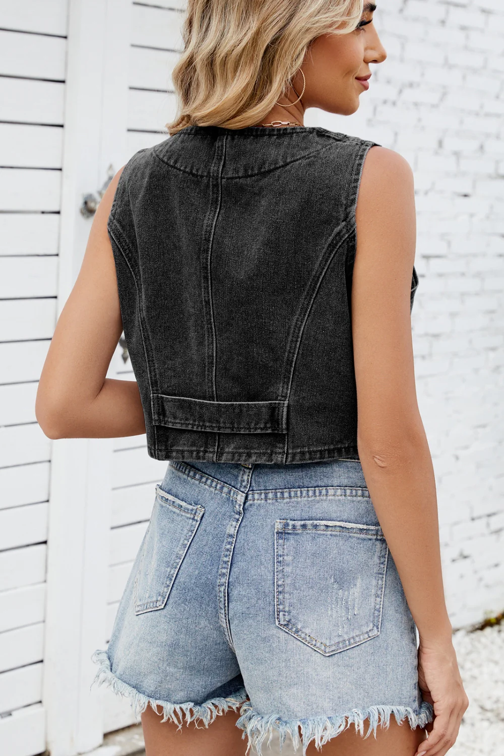 Button Down V-Neck Denim Vest - Image 4