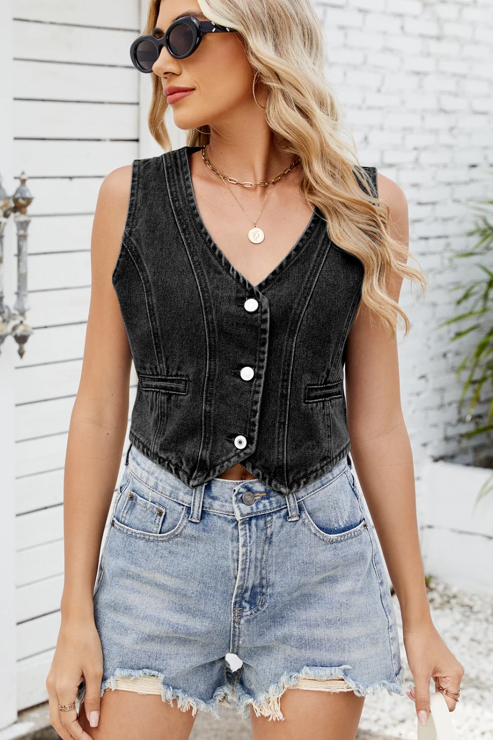 Button Down V-Neck Denim Vest - Image 5