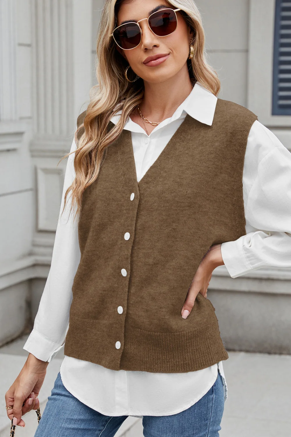 Button Down V-Neck Sweater Vest - Image 2
